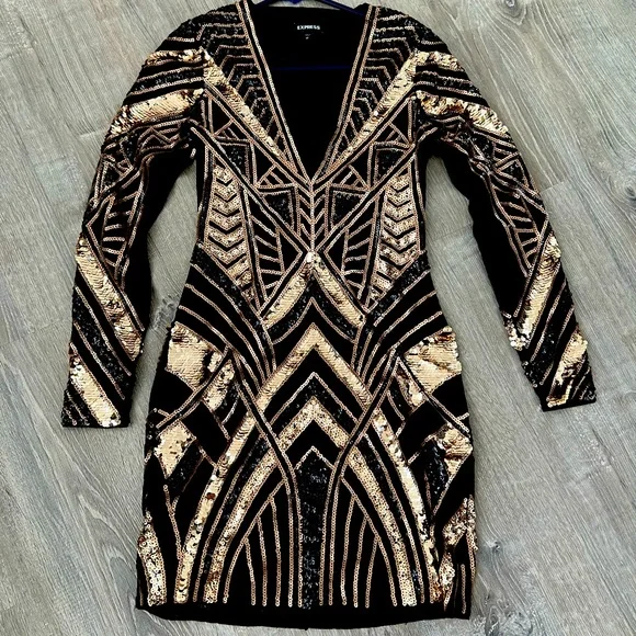 knee length dresses for ladies Demure Long Sleeve Open Back Dress Sequin Black